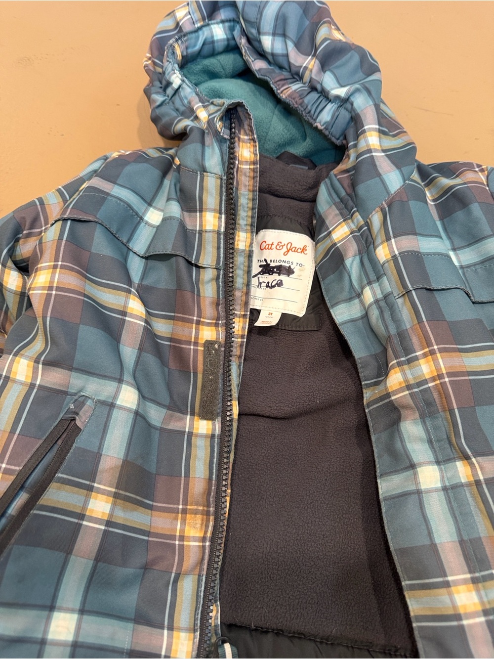 Cat & Jack Teal, Navy & Mustard Plaid Hooded Jacket